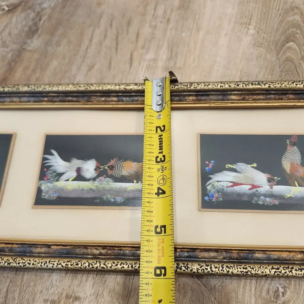 Vtg Mexican Feather Folk Art Rooster Cockfighting Scene Framed Wall Decor